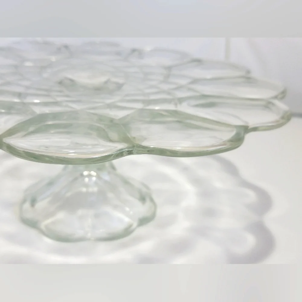 Vintage Pedestal Cake Stand L E Smith Dominion Clear Glass Scalloped Edge Design